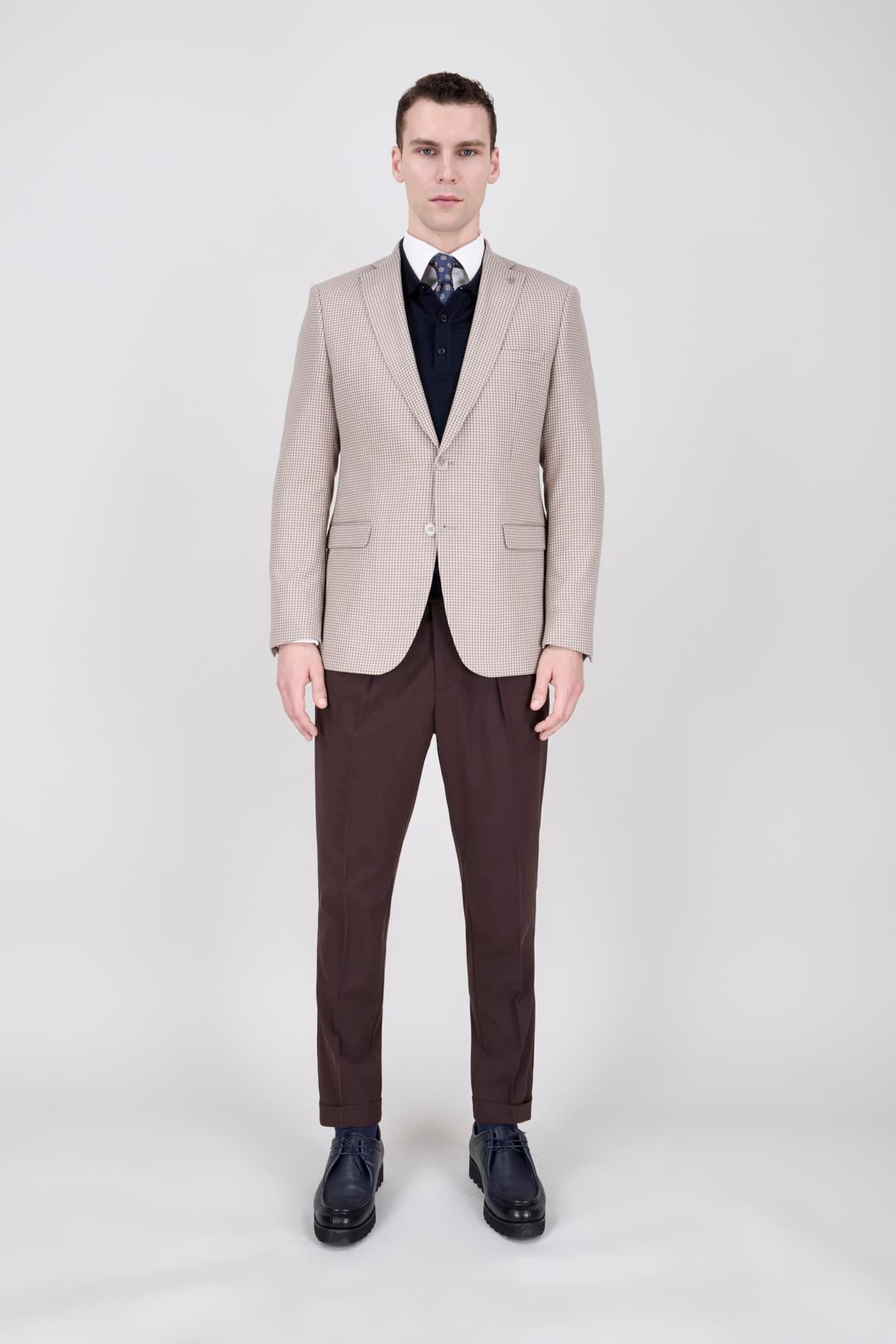 Erkek Slim Fit Mono Yaka Bej Ceket