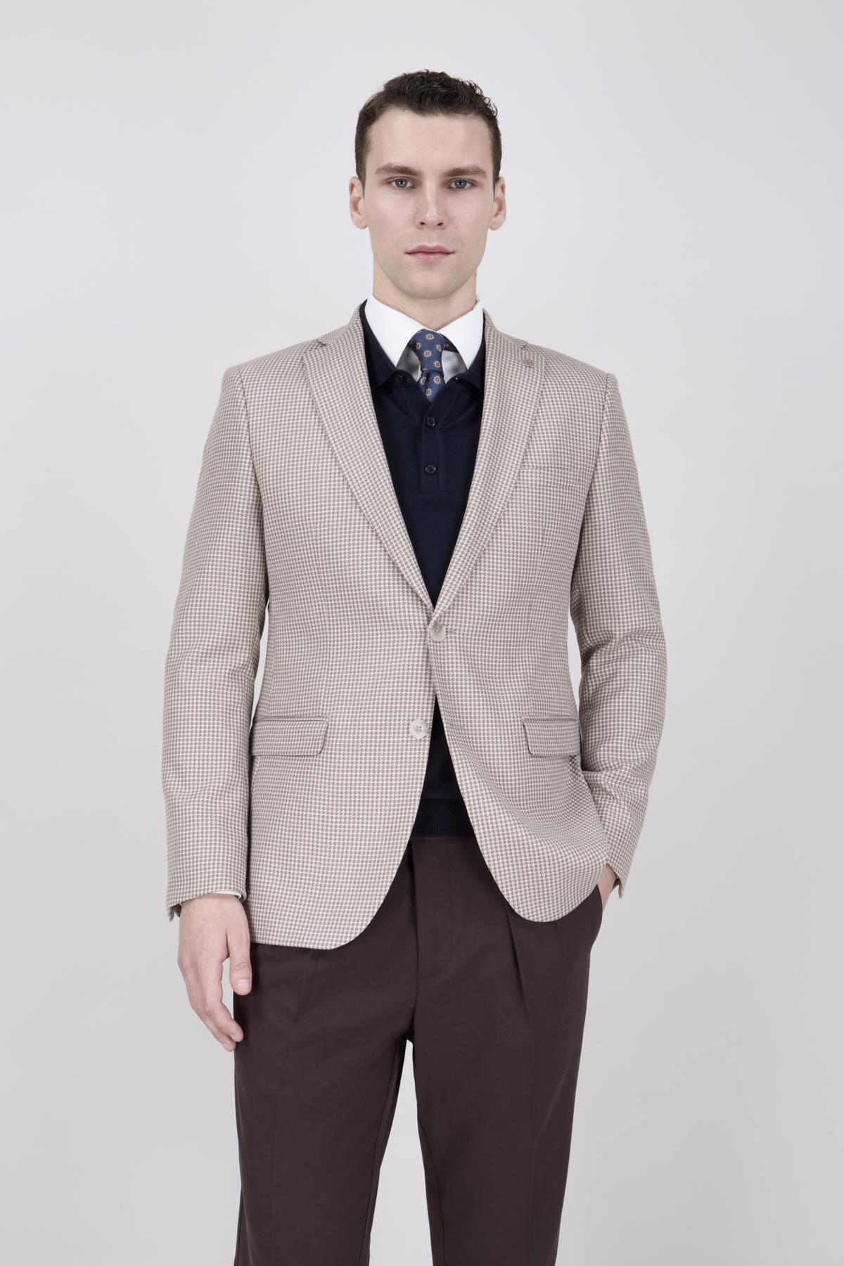 Erkek Slim Fit Mono Yaka Bej Ceket