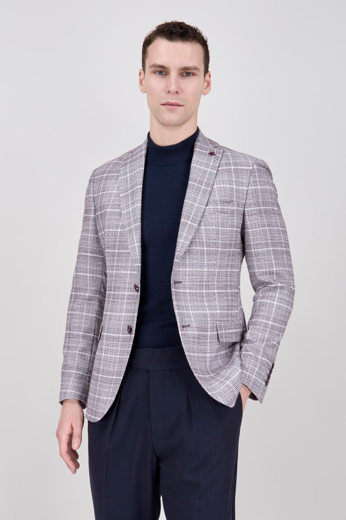 Erkek Slim Fit Mono Yaka Bordo Yarım Astar Ceket