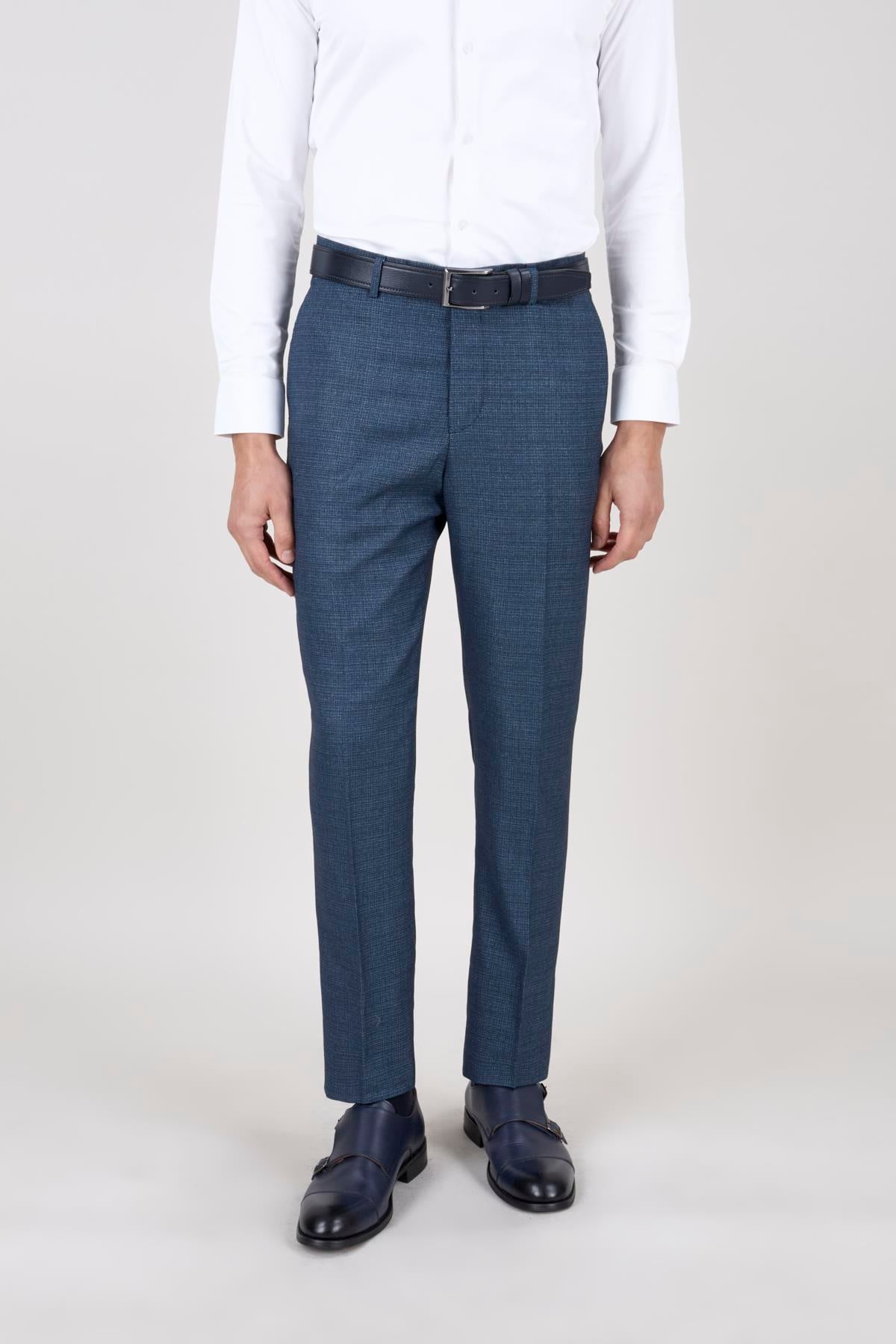 Erkek Slim Fit Mono Yaka Petrol Ekose Kombin Yelekli Takım Elbise