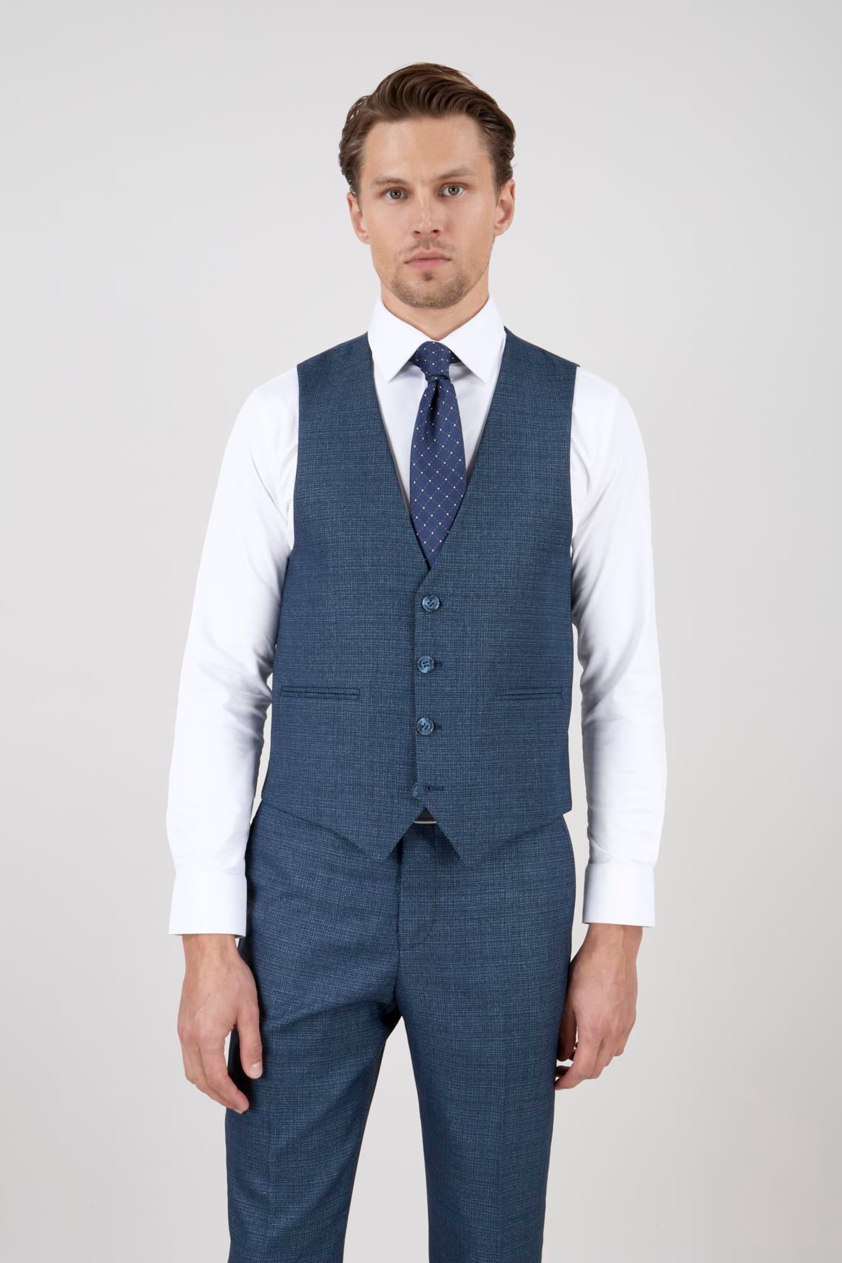 Erkek Slim Fit Mono Yaka Petrol Ekose Kombin Yelekli Takım Elbise