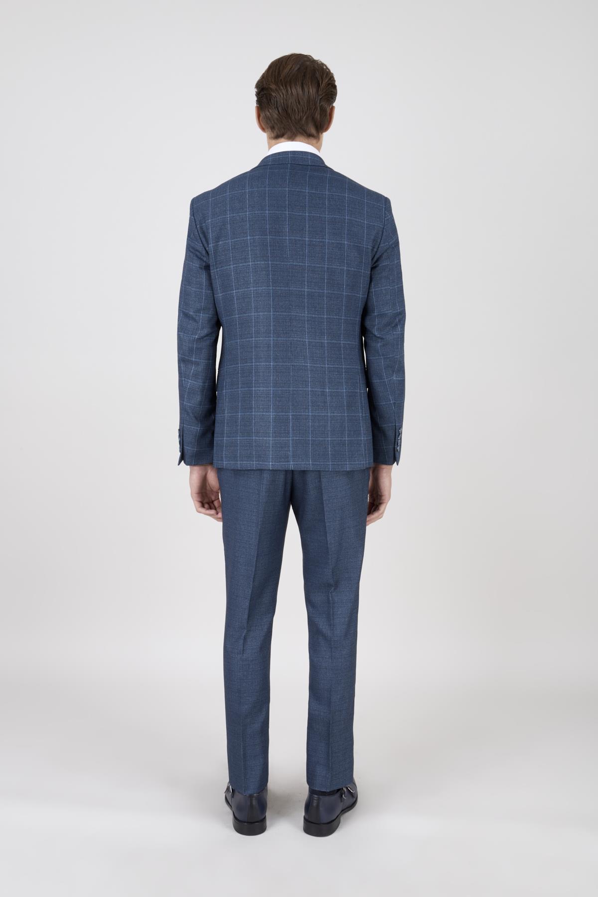Erkek Slim Fit Mono Yaka Petrol Ekose Kombin Yelekli Takım Elbise