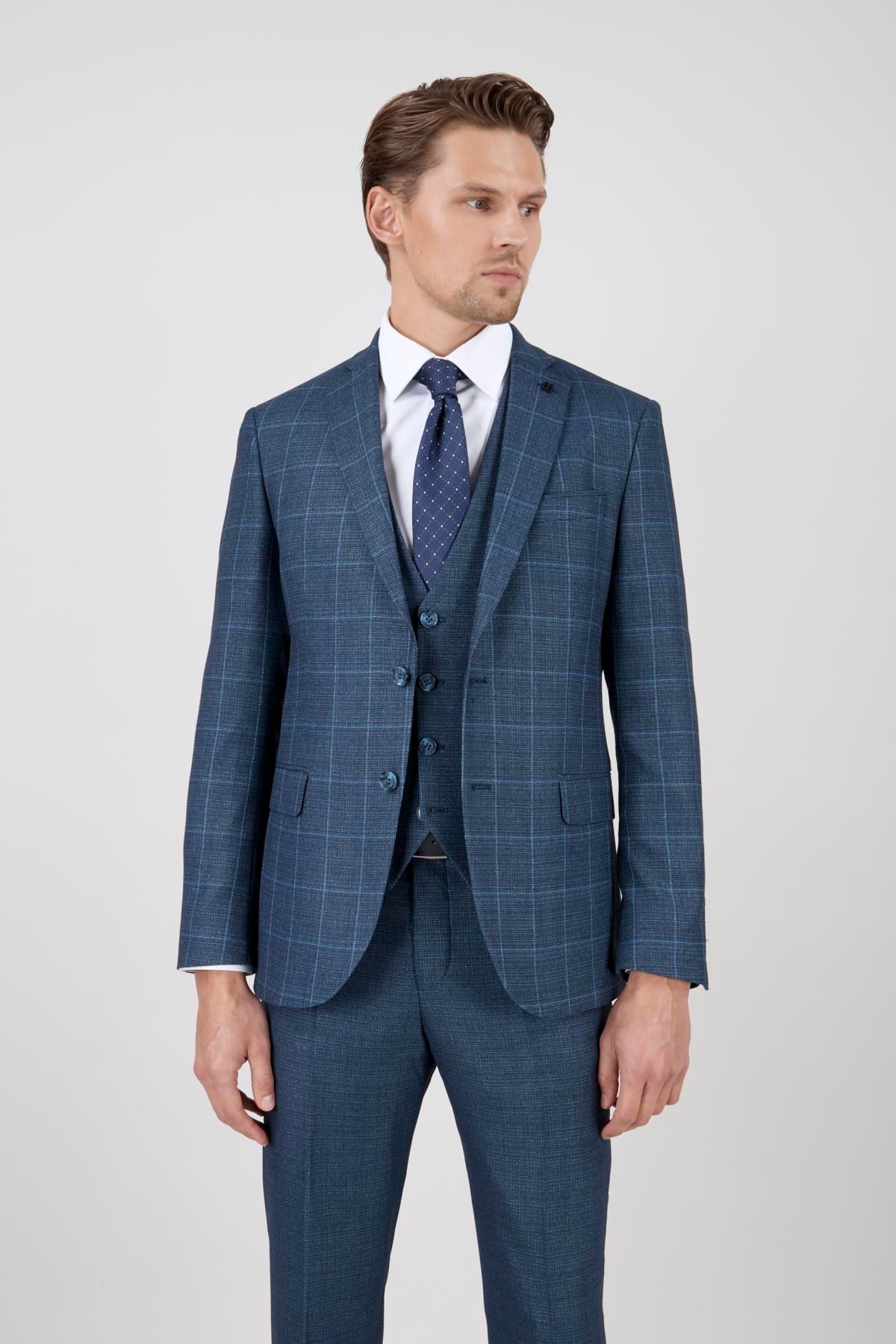 Erkek Slim Fit Mono Yaka Petrol Ekose Kombin Yelekli Takım Elbise