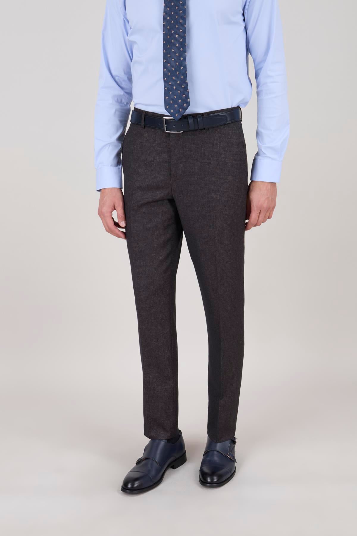 Erkek Slim Fit Mono Yaka Kahverengi Ekose Kombin Yelekli Takım Elbise