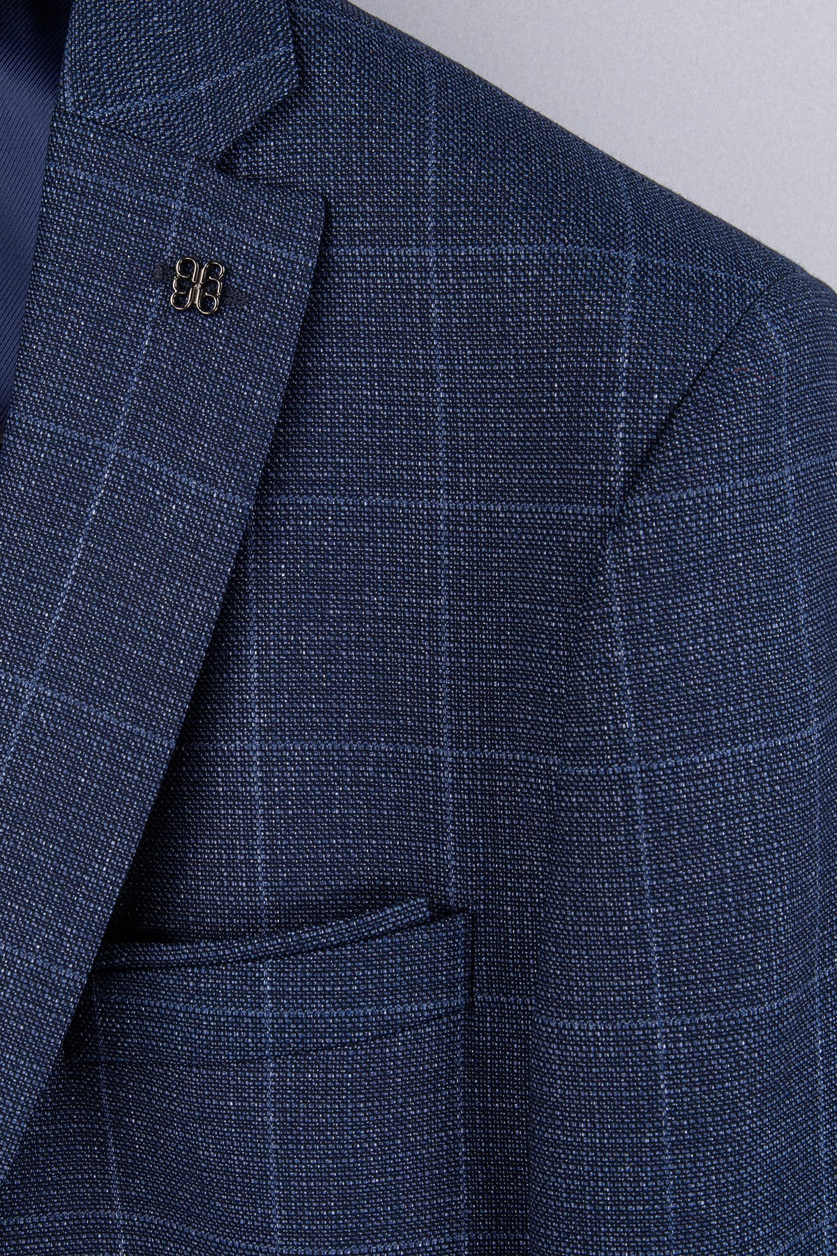 Erkek Slim Fit Mono Yaka Ekose Yelekli Açık Lacivert Kombin Takım Elbise
