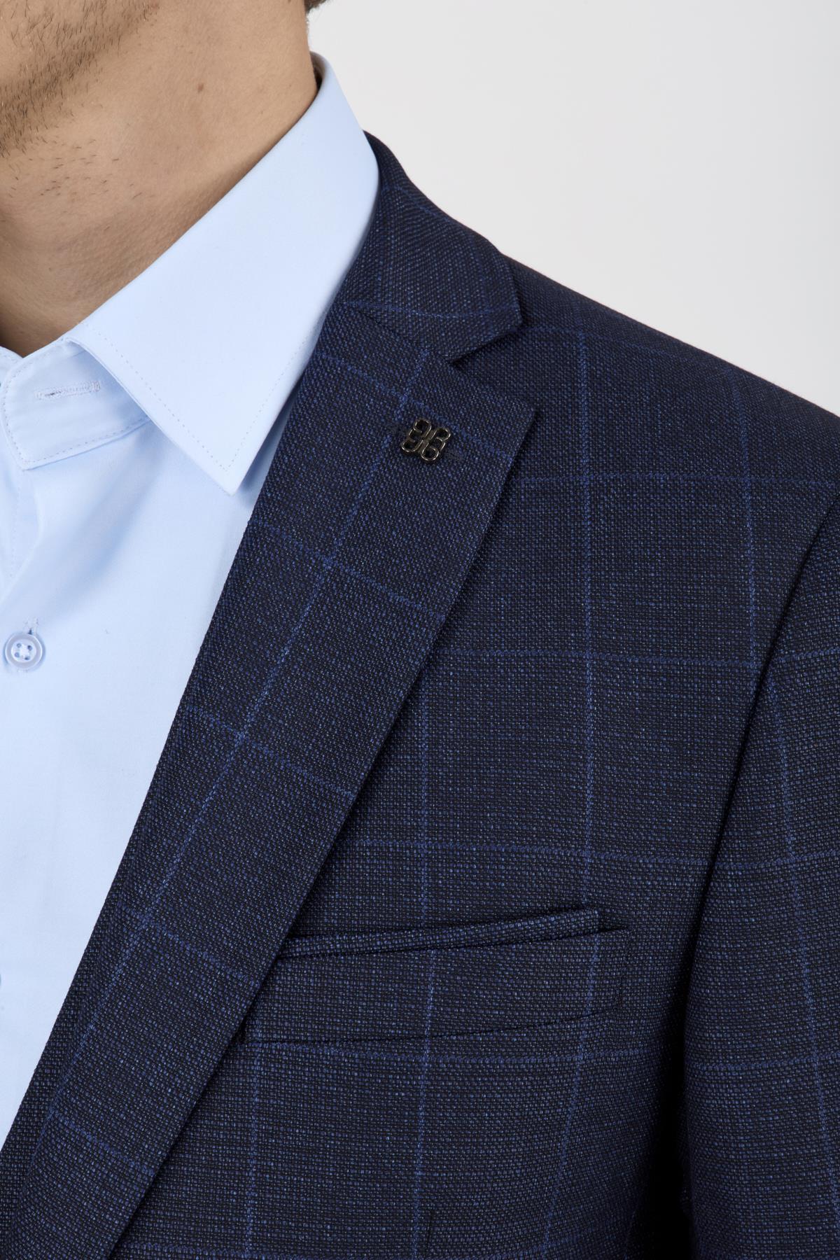 Erkek Slim Fit Mono Yaka Lacivert Ekose Kombin Yelekli Takım Elbise