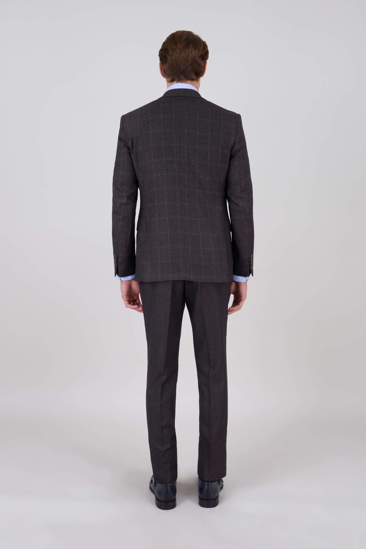 Erkek Slim Fit Mono Yaka Kahverengi Ekose Kombin Yelekli Takım Elbise
