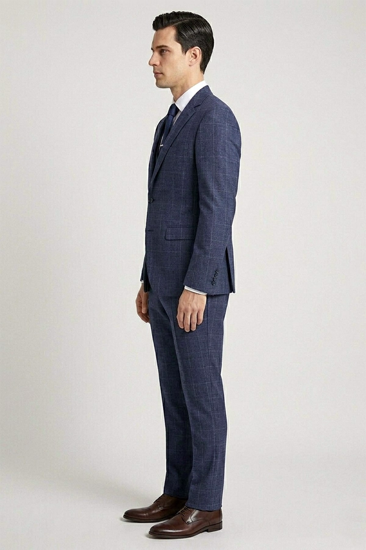 Erkek Slim Fit Mono Yaka Ekose Yelekli Açık Lacivert Kombin Takım Elbise