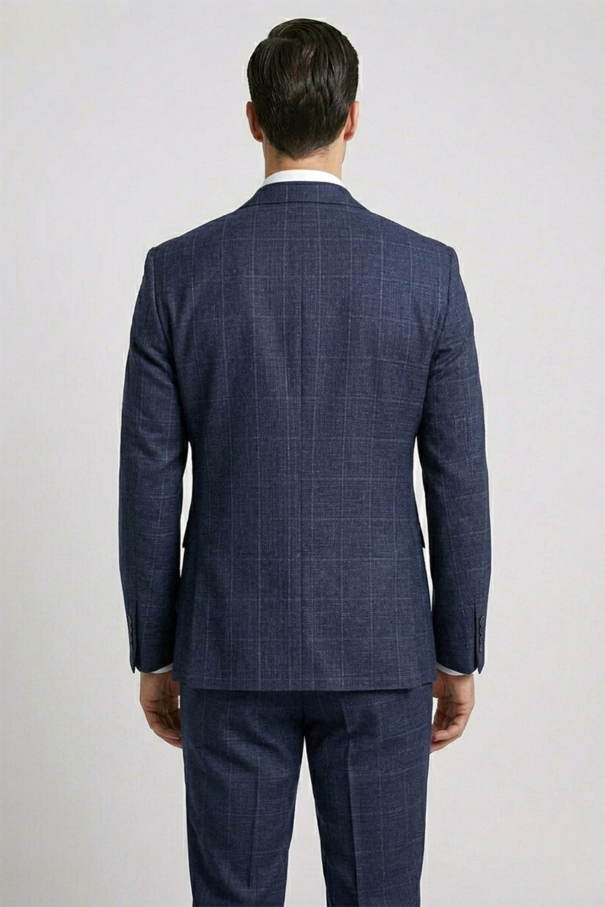 Erkek Slim Fit Mono Yaka Ekose Yelekli Açık Lacivert Kombin Takım Elbise