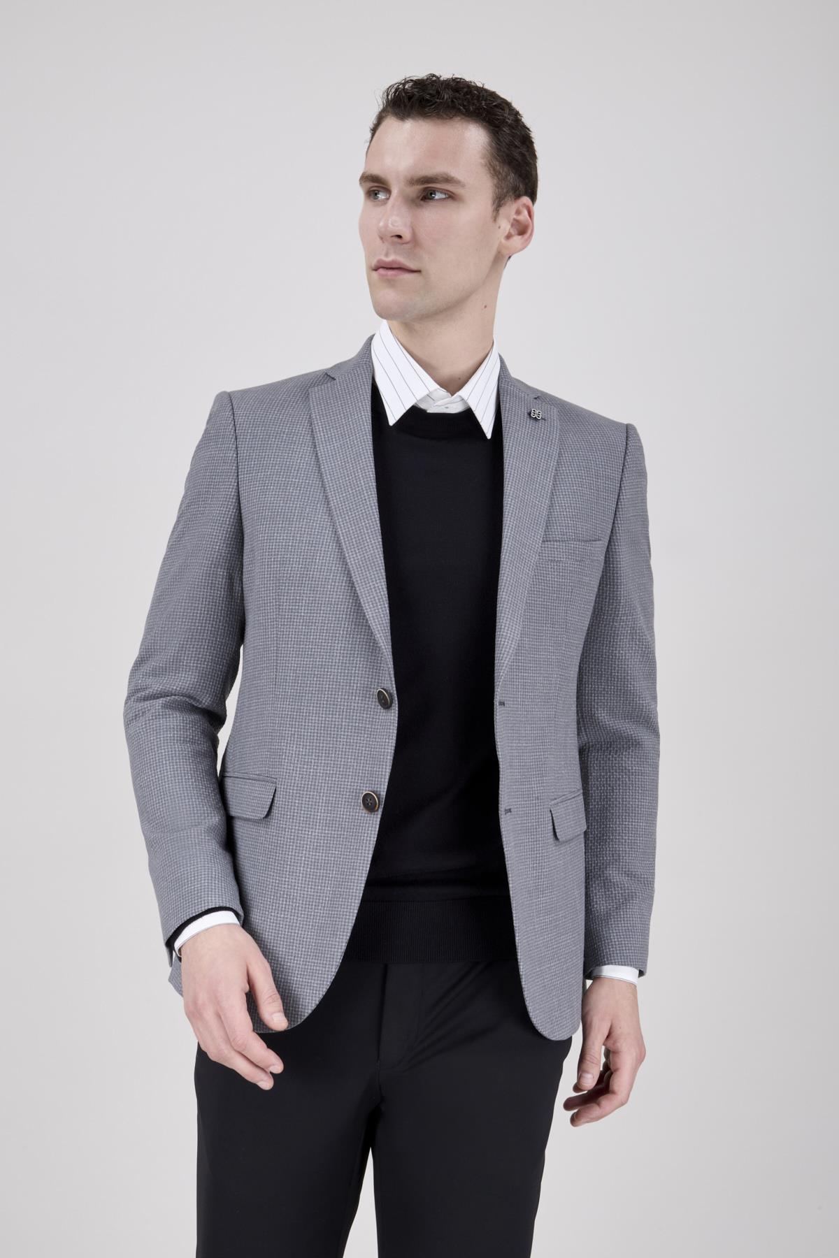 Erkek Slim Fit Mono Yaka Gri Ceket