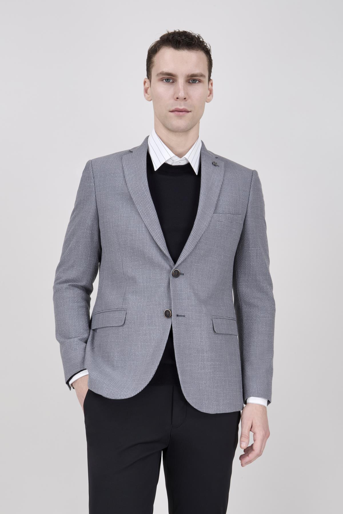 Erkek Slim Fit Mono Yaka Gri Ceket