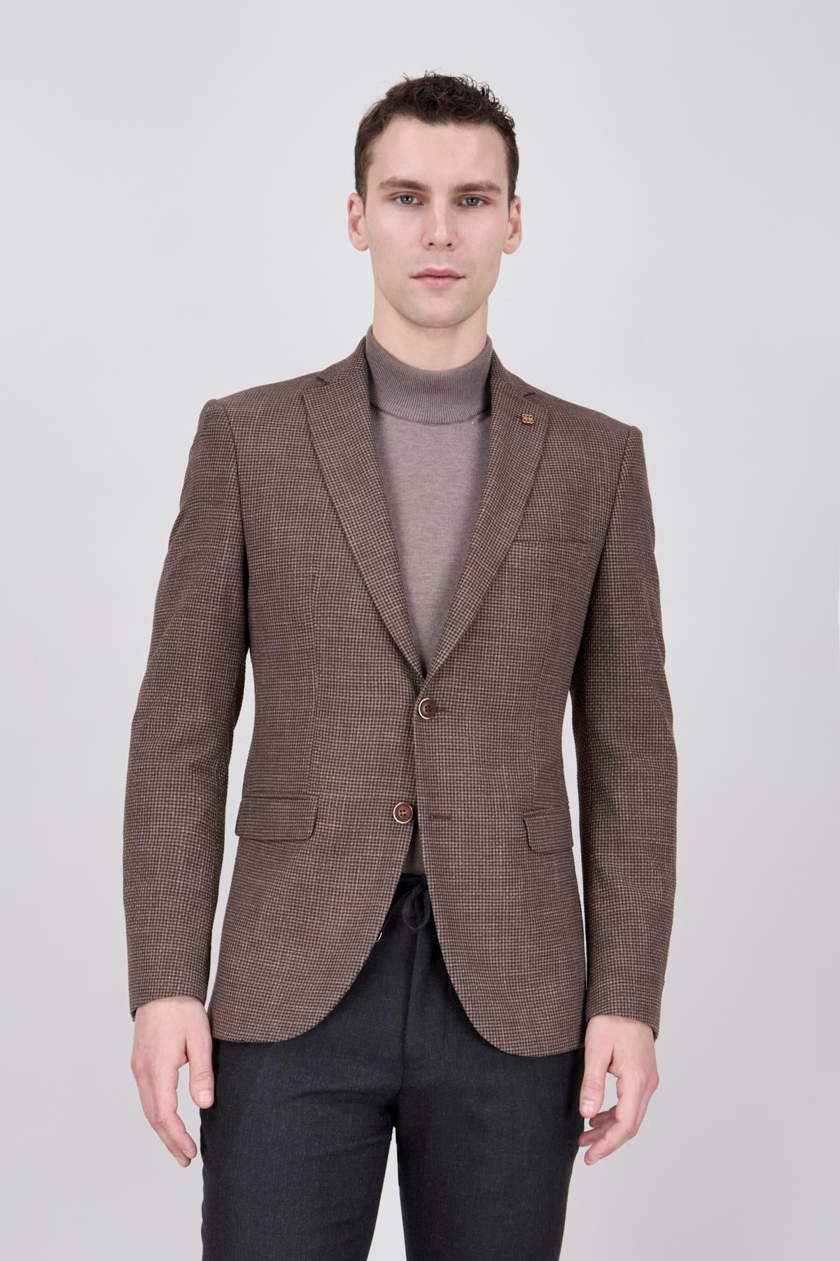 Erkek Slim Fit Mono Yaka Kahverengi Ceket