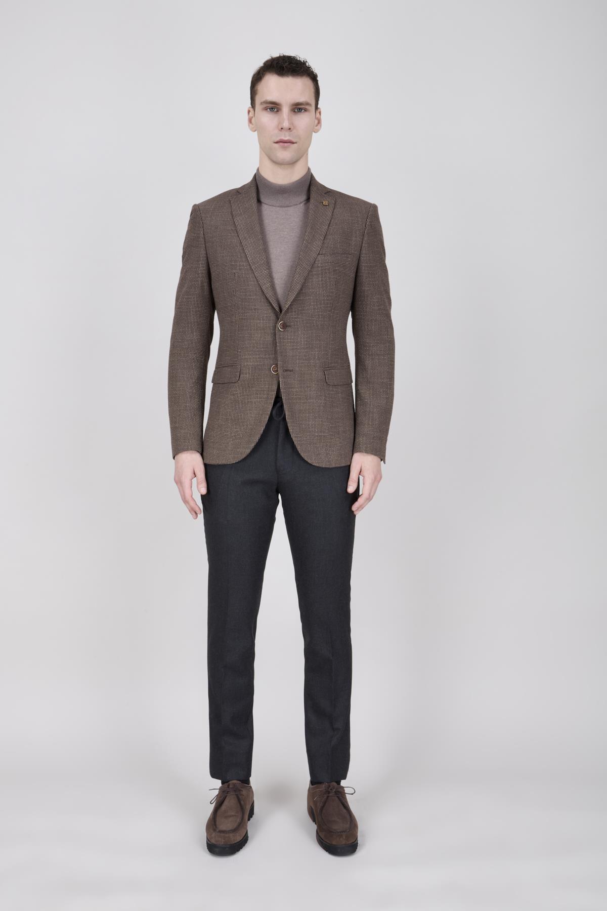 Erkek Slim Fit Mono Yaka Kahverengi Ceket