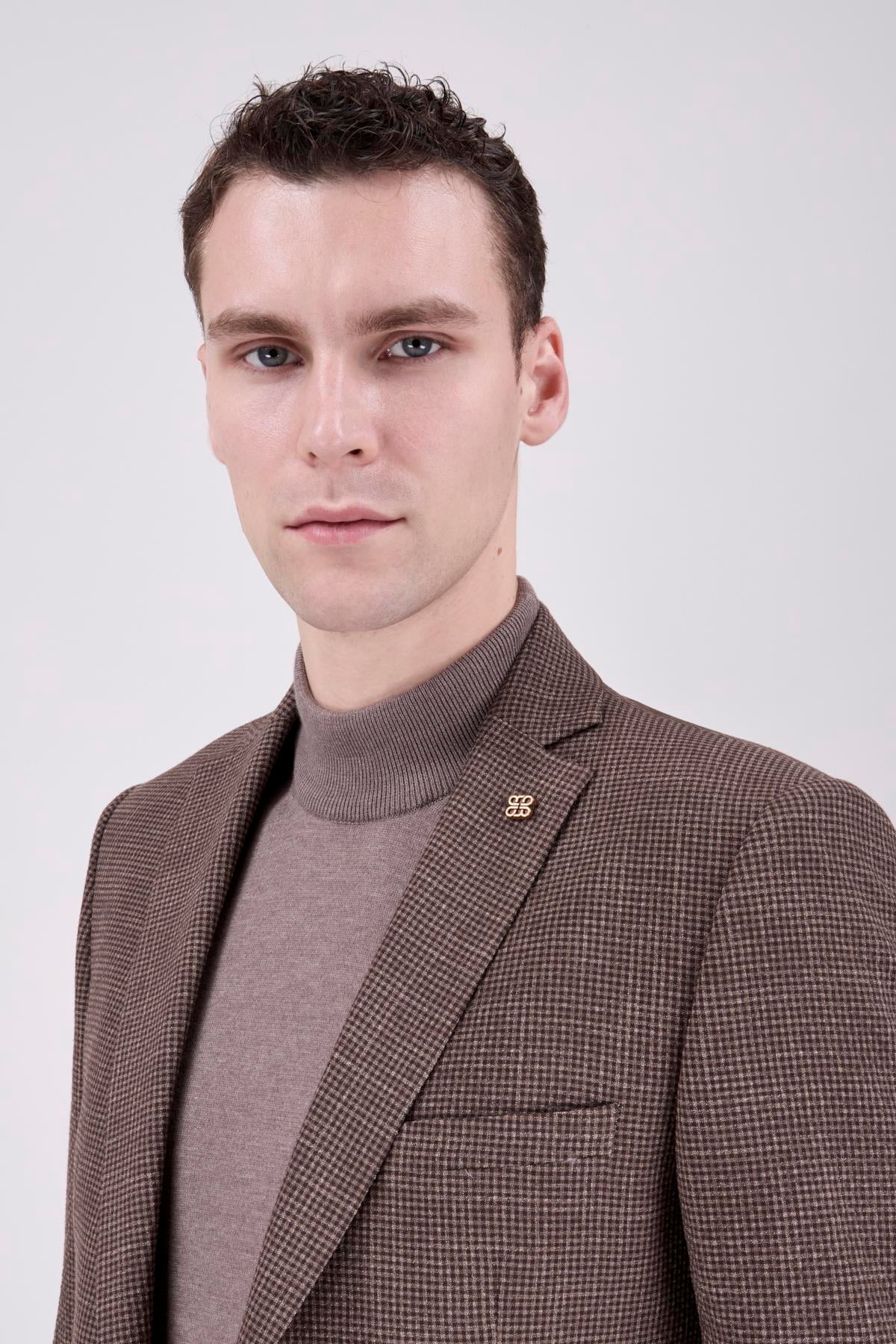 Erkek Slim Fit Mono Yaka Kahverengi Ceket