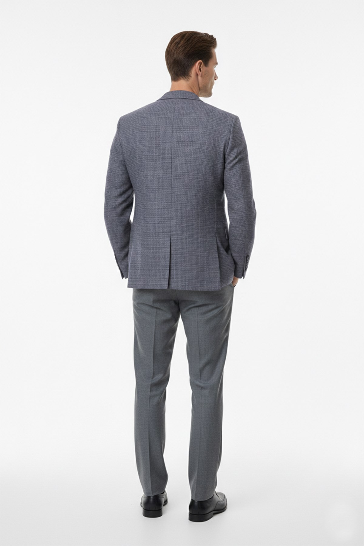 Erkek Slim Fit Mono Yaka Koyu Parlement Ekose Ceket