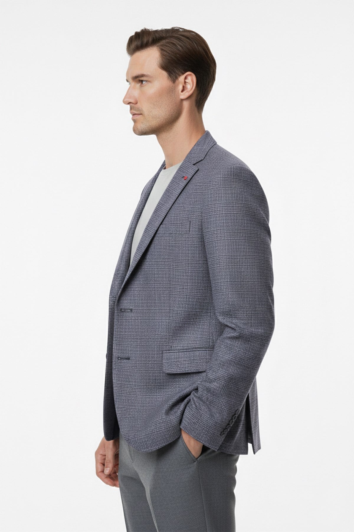 Erkek Slim Fit Mono Yaka Koyu Parlement Ekose Ceket