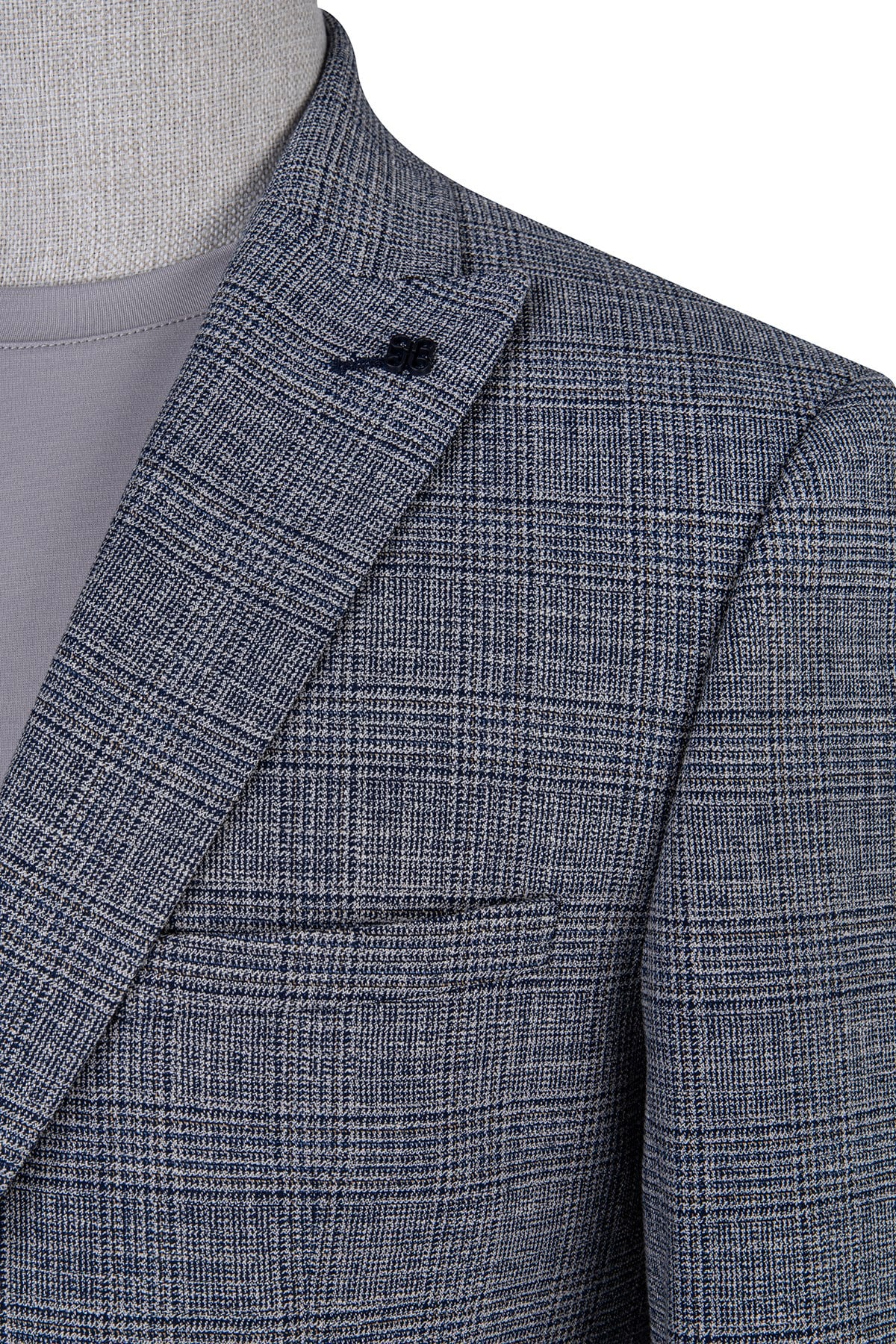 Erkek Slim Fit Mono Yaka Koyu Parlement Ekose Ceket