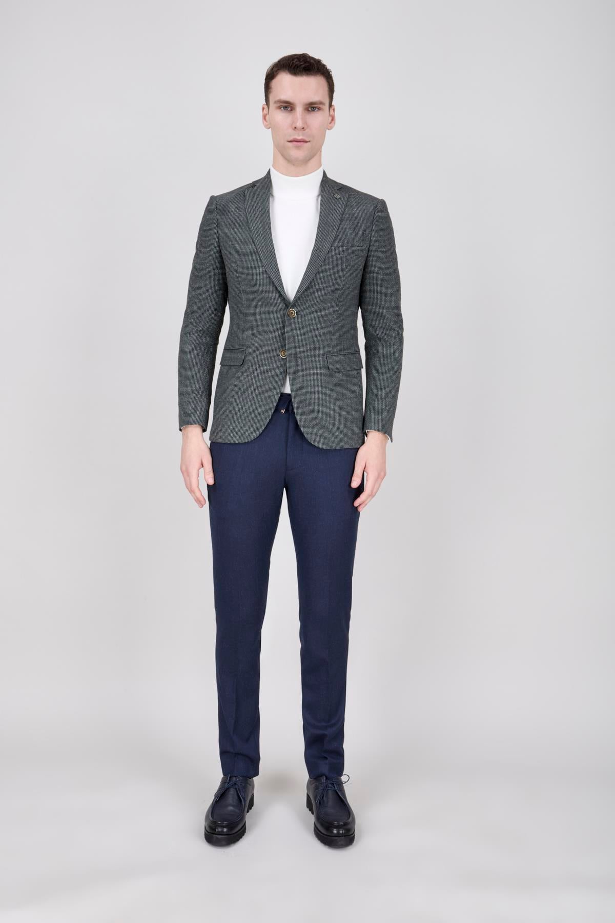 Erkek Slim Fit Mono Yaka Koyu Yeşil Ceket