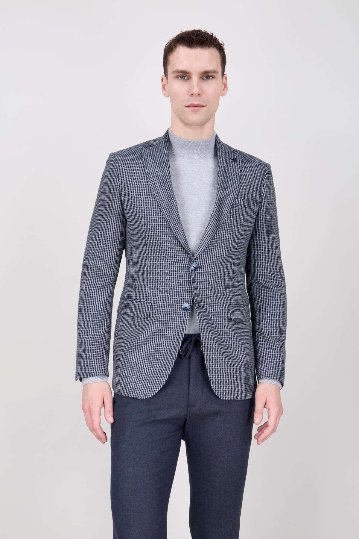 Erkek Slim Fit Mono Yaka Lacivert Ceket