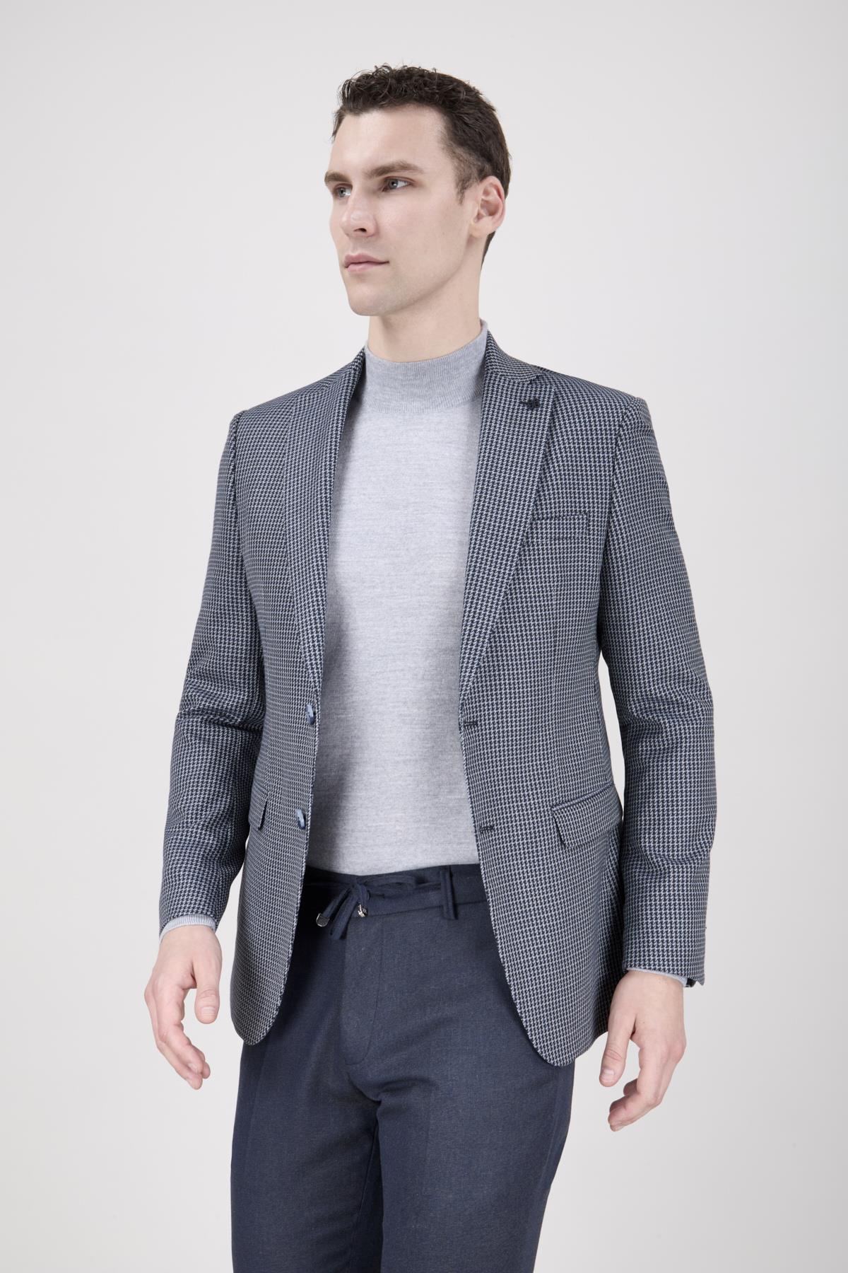 Erkek Slim Fit Mono Yaka Lacivert Ceket