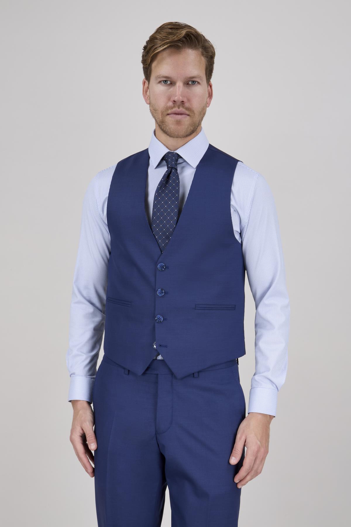 Erkek Slim Fit Mono Yaka Parlement Yelekli Takım Elbise