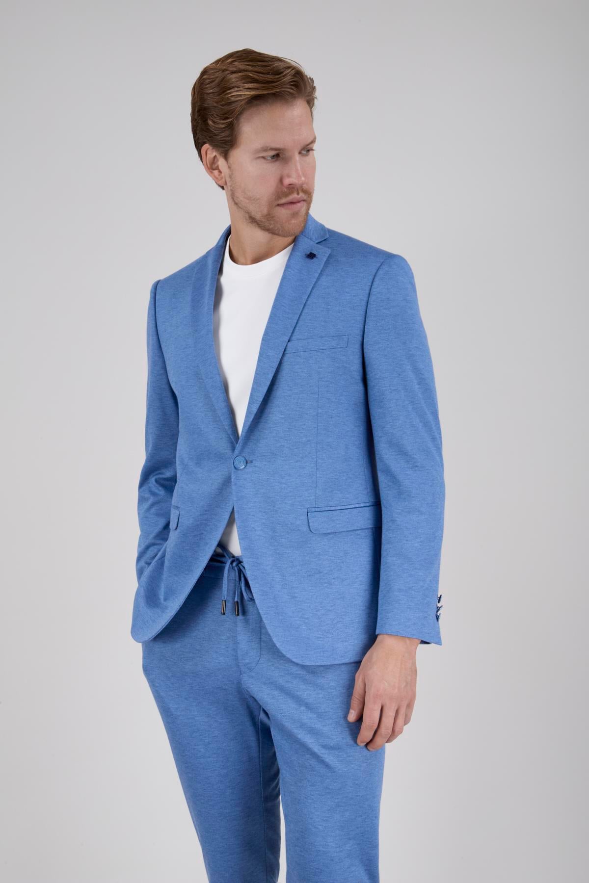 Erkek Slim Fit Mono Yaka Yarım Astar Açık Mavi Takım Elbise