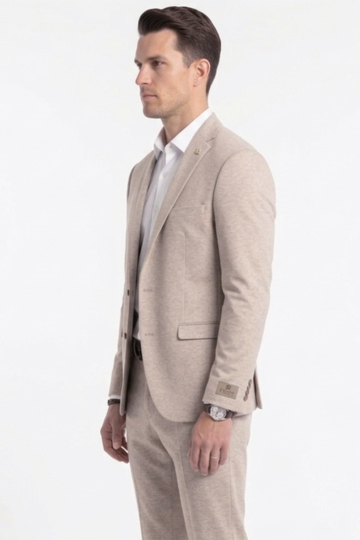 Erkek Slim Fit Mono Yaka Yarım Astar Açık Bej Takım Elbise