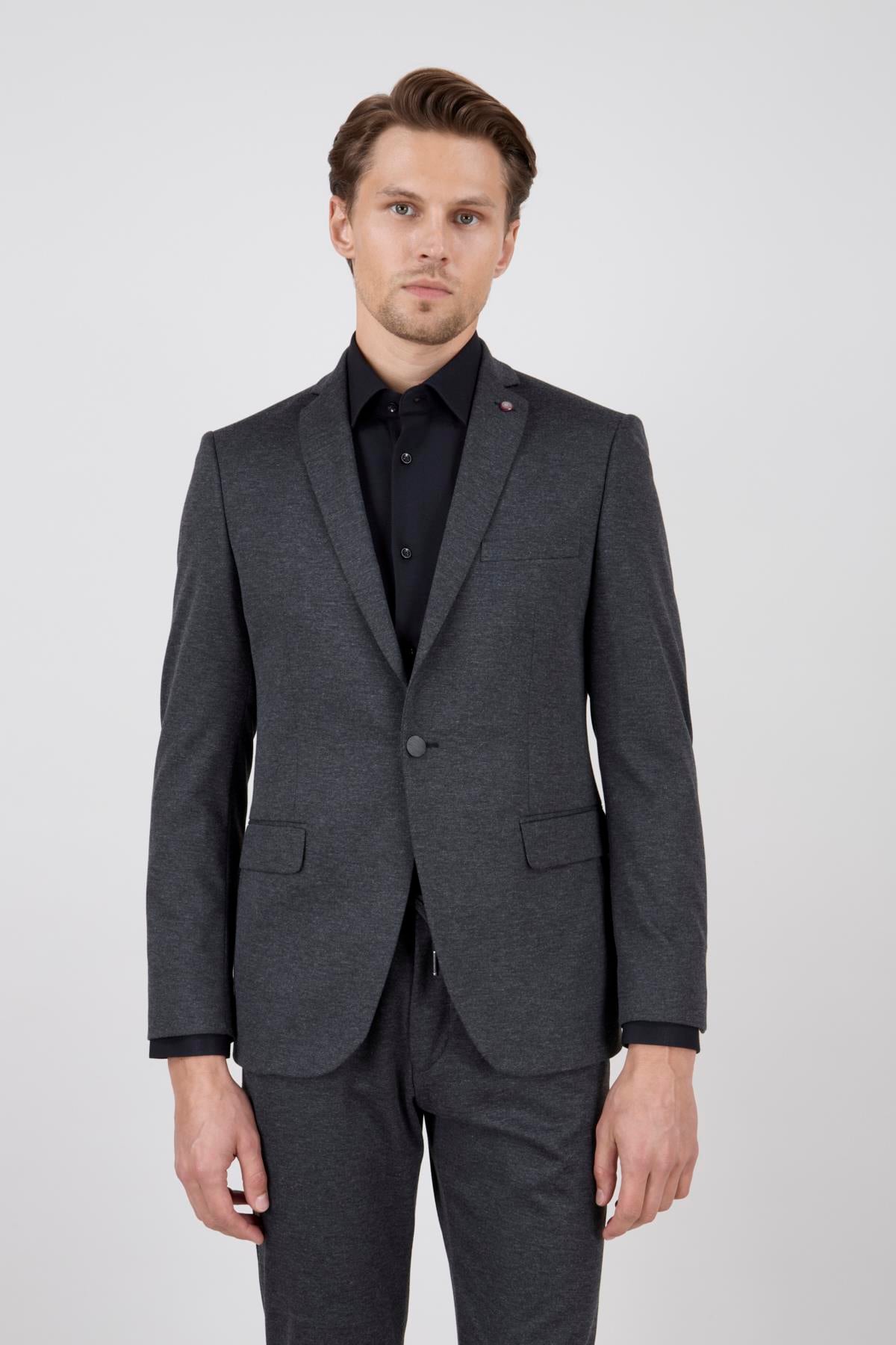 Erkek Slim Fit Mono Yaka Yarım Astar Antrasit Takım Elbise