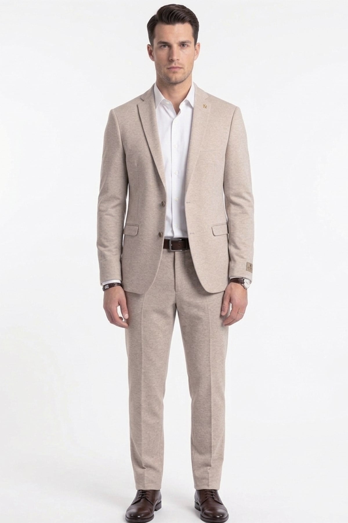 Erkek Slim Fit Mono Yaka Yarım Astar Açık Bej Takım Elbise
