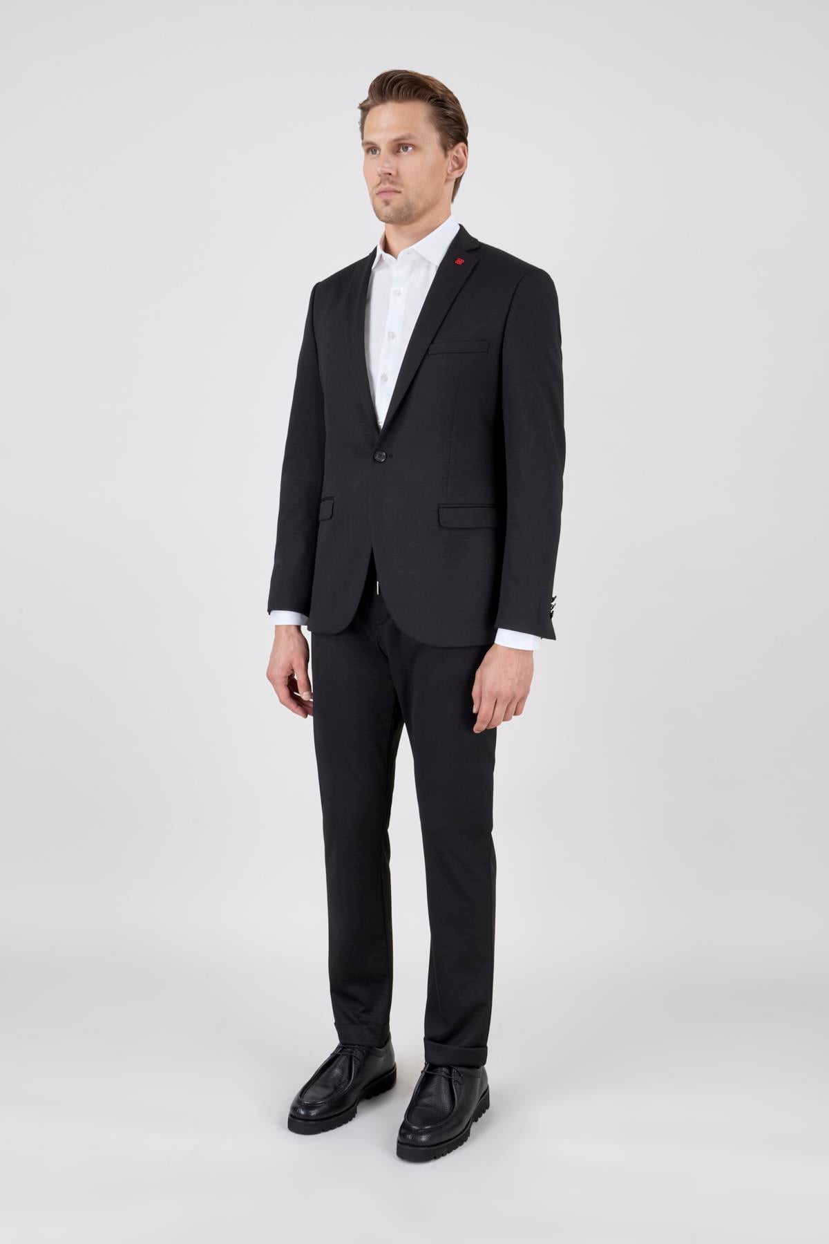 Erkek Slim Fit Mono Yaka Yarım Astar Siyah Takım Elbise