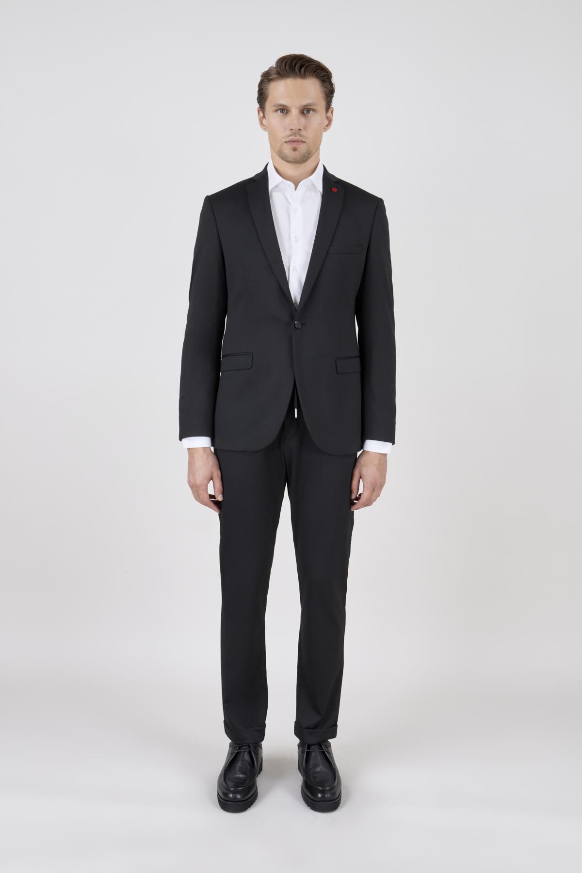 Erkek Slim Fit Mono Yaka Yarım Astar Siyah Takım Elbise