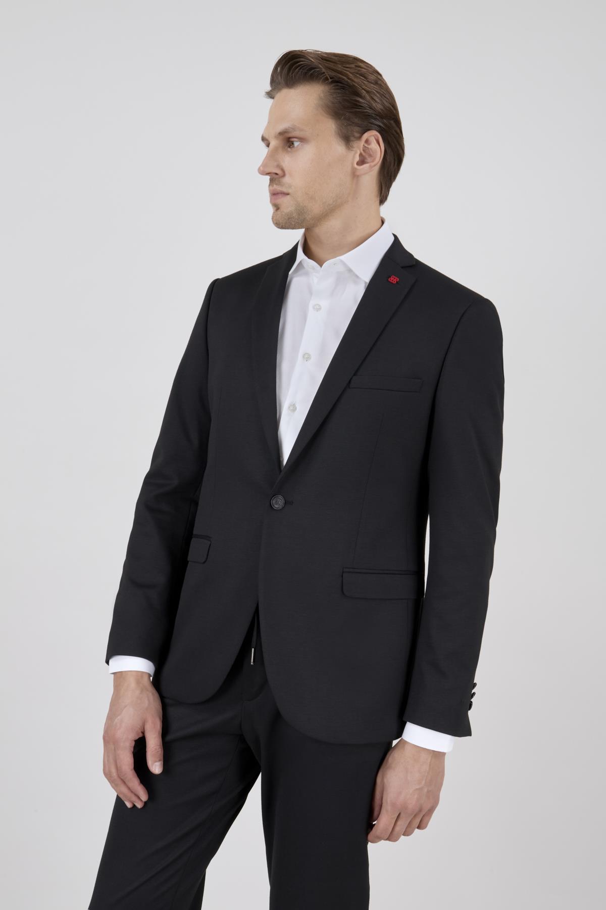 Erkek Slim Fit Mono Yaka Yarım Astar Siyah Takım Elbise