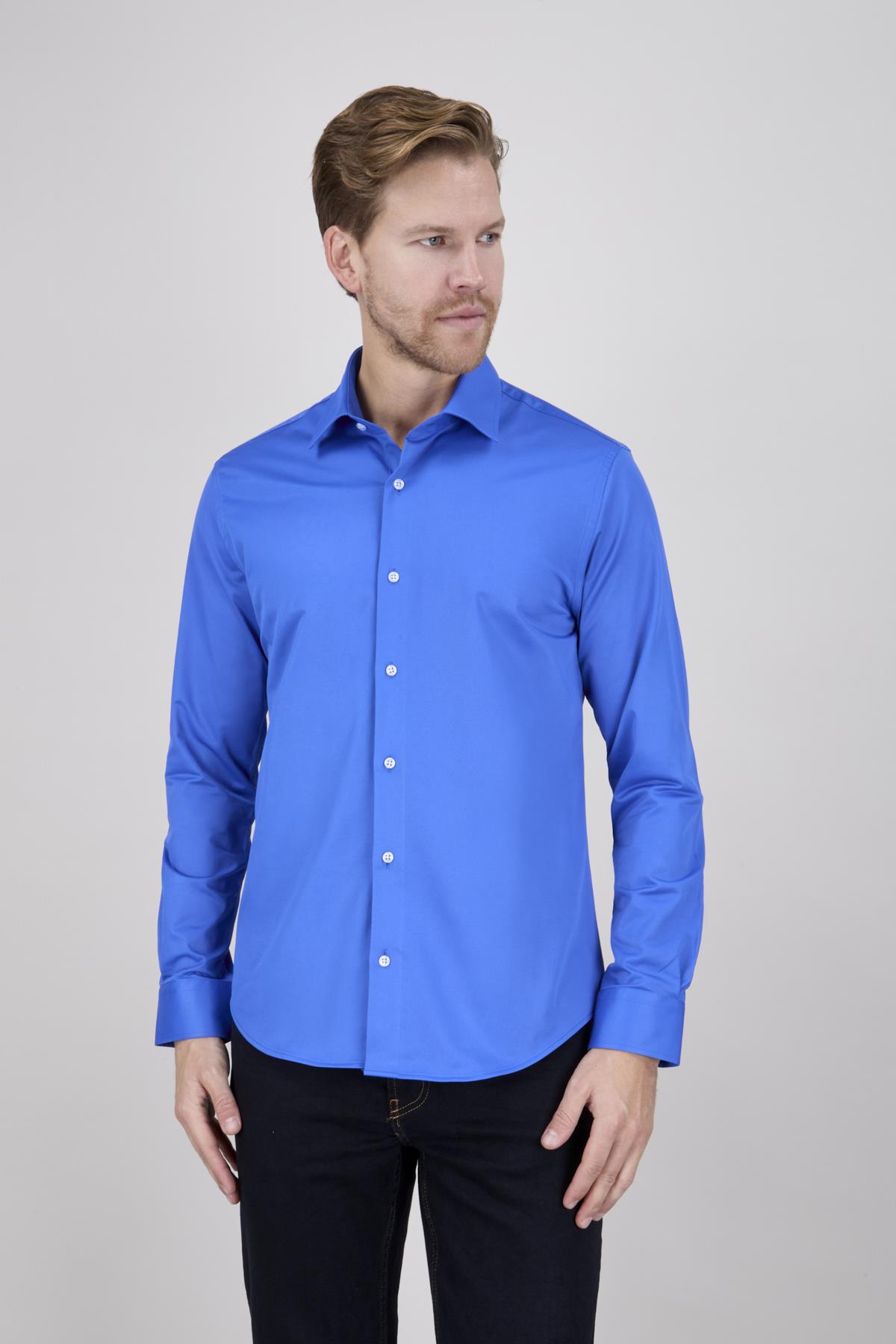 Erkek Slim Fit Saks Mavisi Gömlek