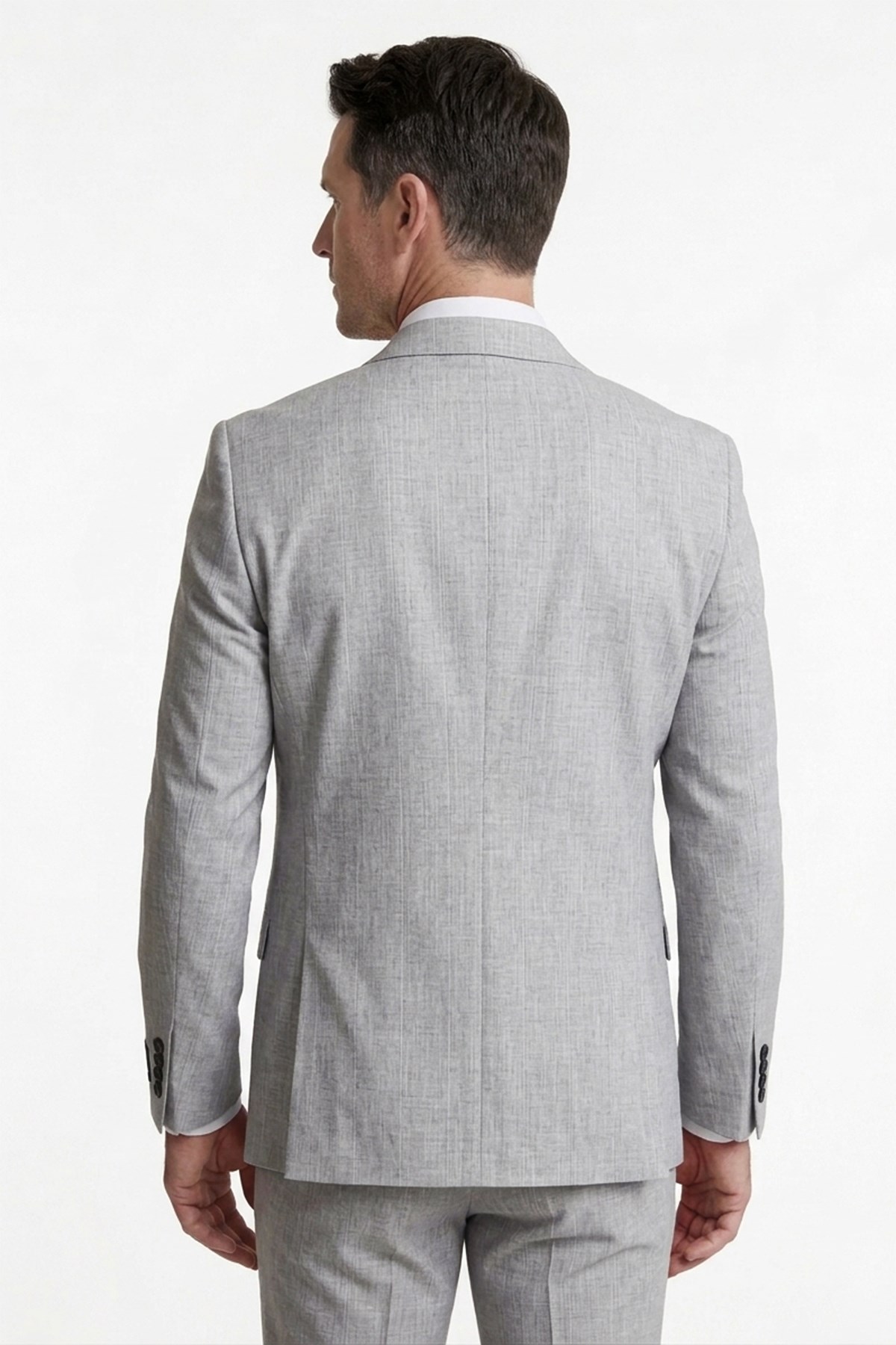 Erkek Slim Fit Sivri Yaka Açık Gri Çizgili Yelekli Takım Elbise