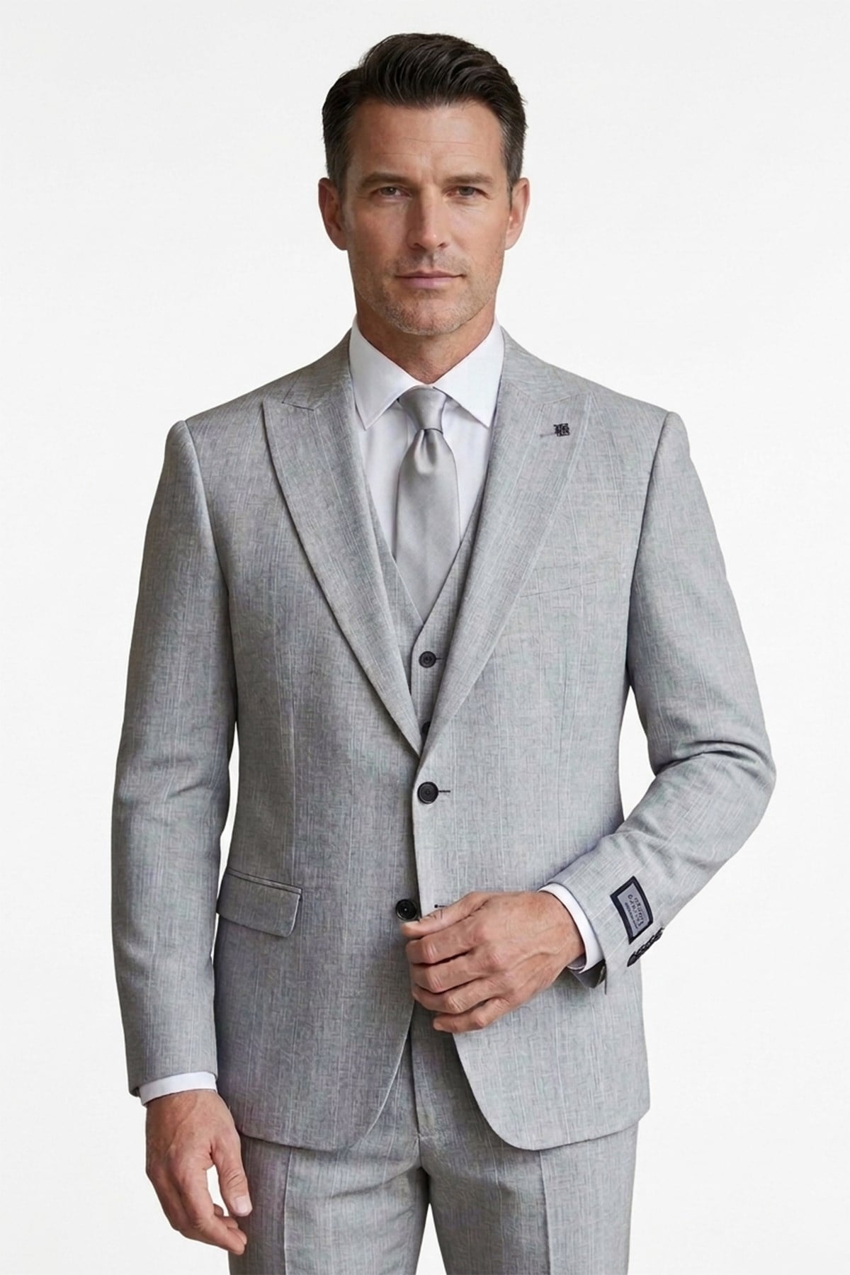 Erkek Slim Fit Sivri Yaka Açık Gri Çizgili Yelekli Takım Elbise