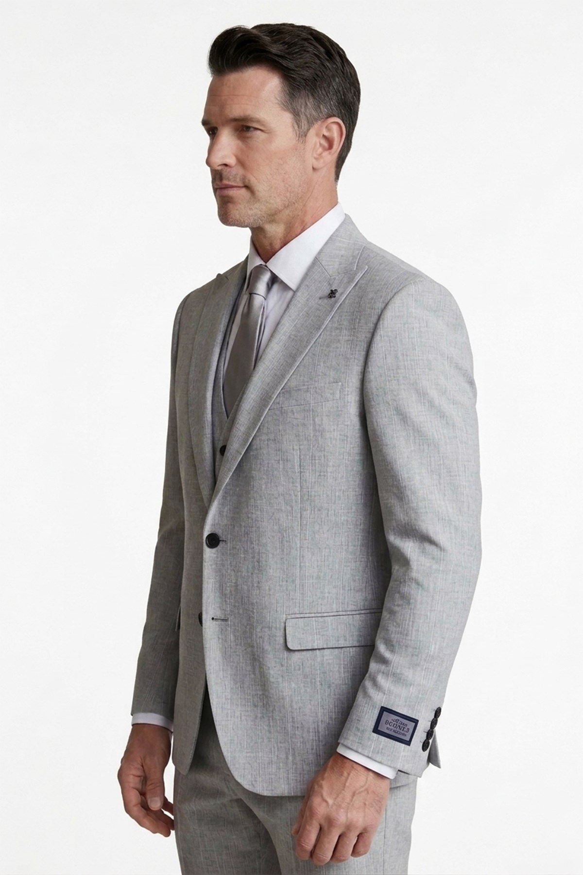 Erkek Slim Fit Sivri Yaka Açık Gri Çizgili Yelekli Takım Elbise