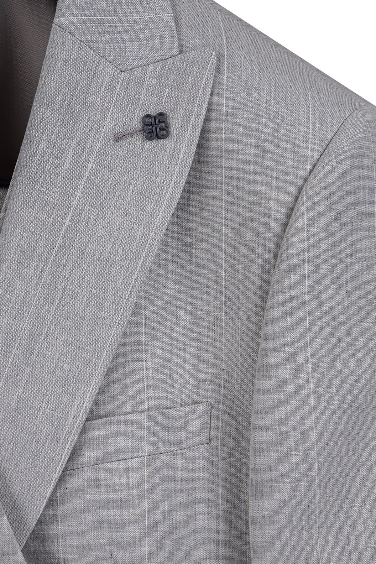 Erkek Slim Fit Sivri Yaka Açık Gri Çizgili Yelekli Takım Elbise
