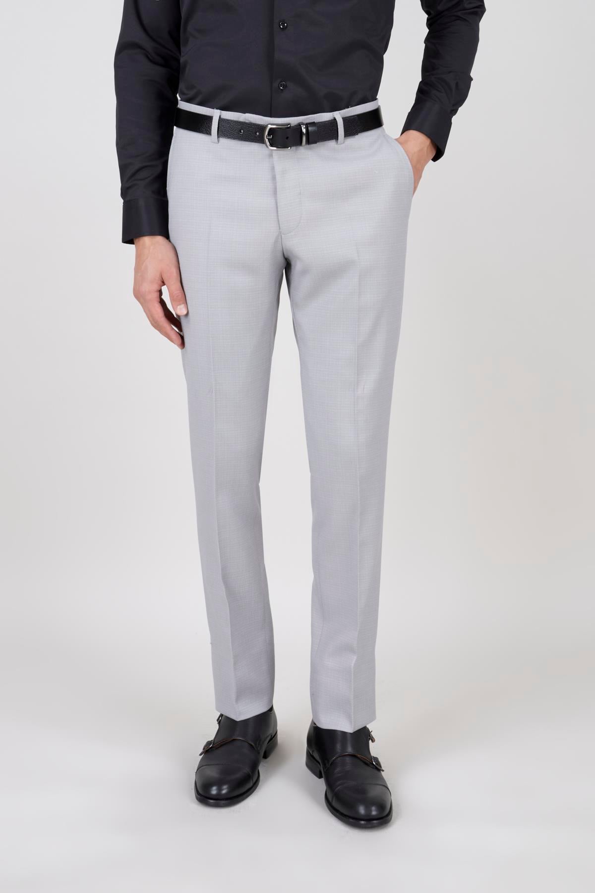 Erkek Slim Fit Sivri Yaka Açık Gri Yelekli Takım Elbise
