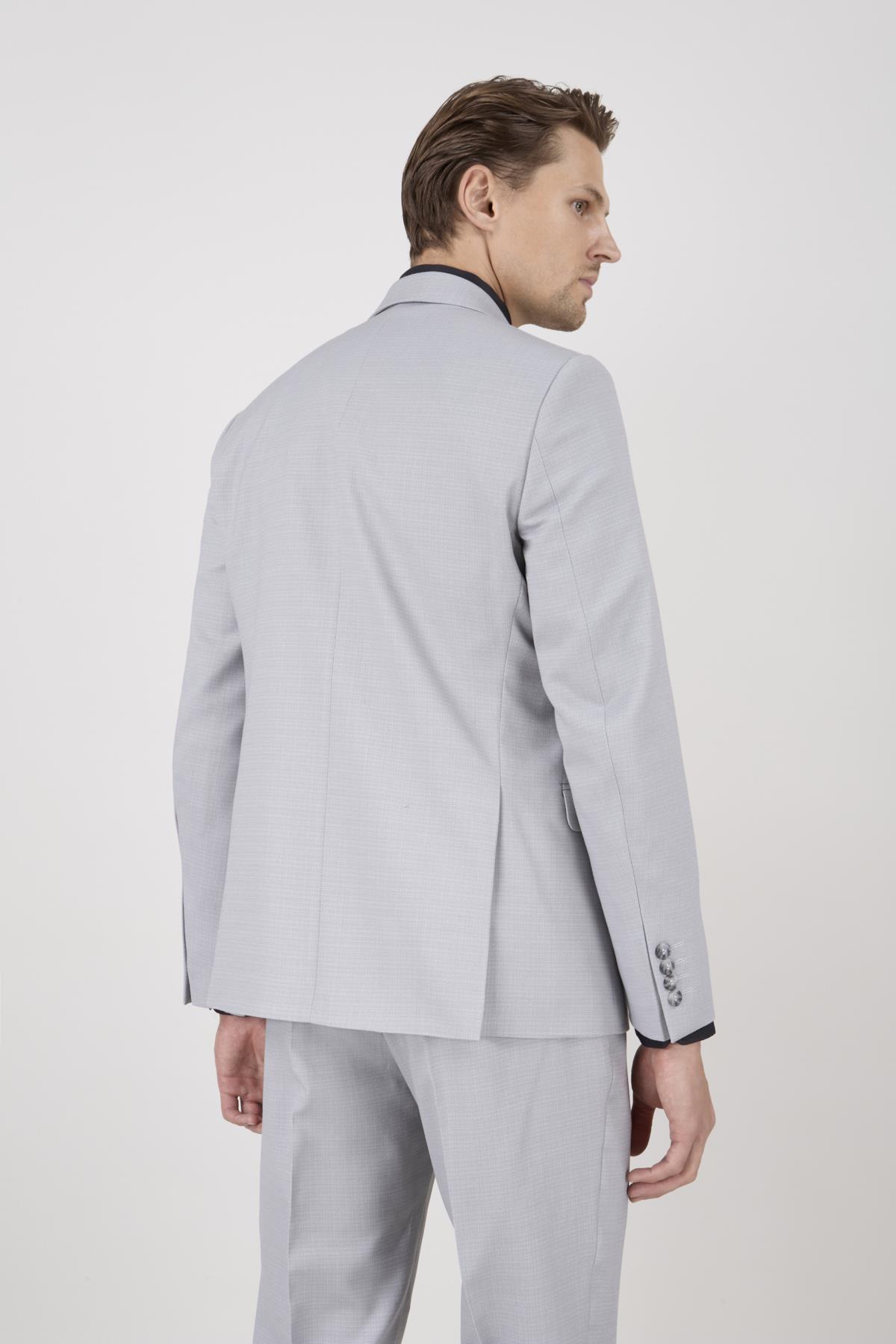 Erkek Slim Fit Sivri Yaka Açık Gri Yelekli Takım Elbise