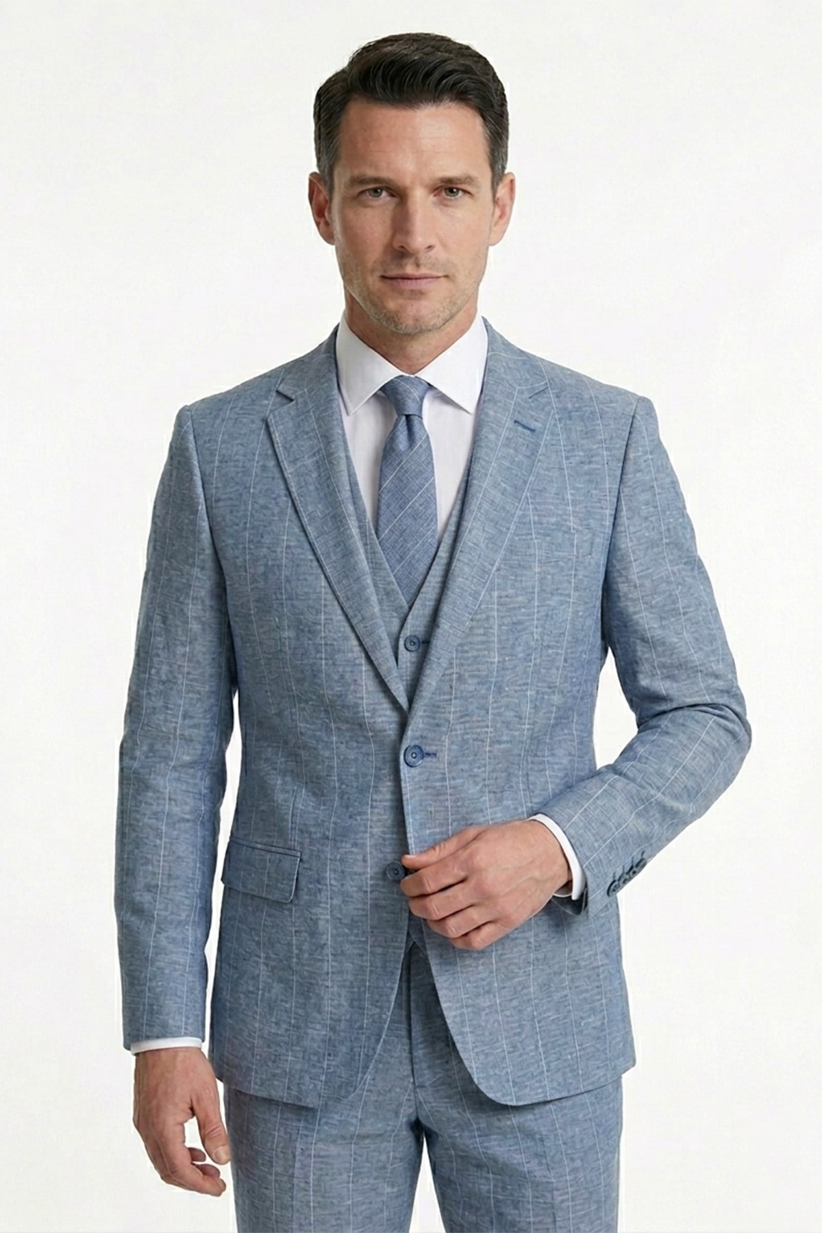 Erkek Slim Fit Sivri Yaka Açık Mavi Çizgili Yelekli Takım Elbise