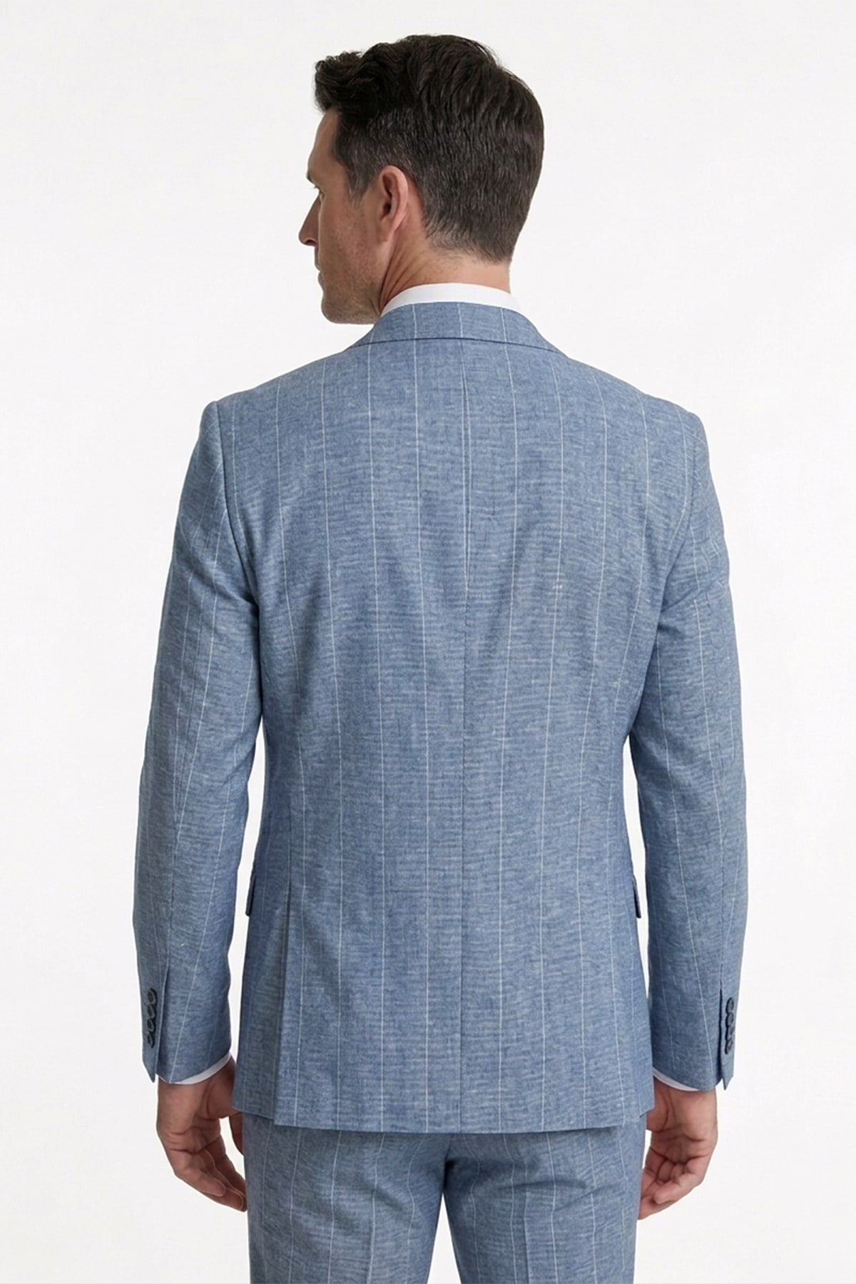 Erkek Slim Fit Sivri Yaka Açık Mavi Çizgili Yelekli Takım Elbise