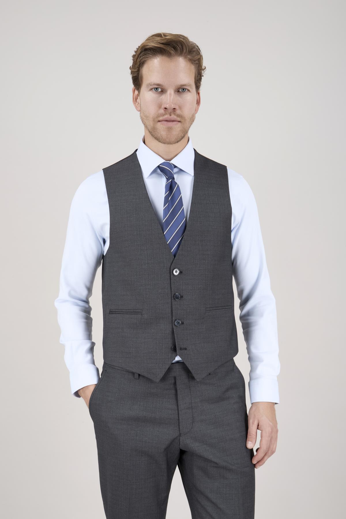 Erkek Slim Fit Sivri Yaka Gri Ekose Kombin Yelekli Takım Elbise