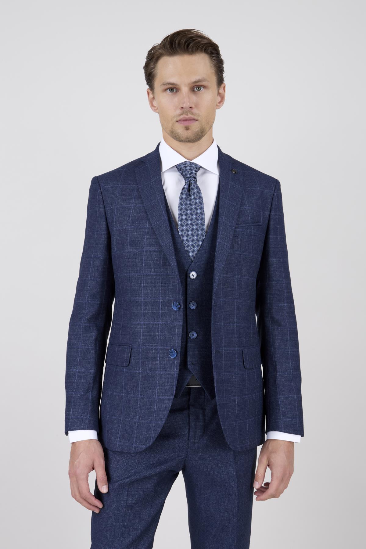 Erkek Slim Fit Sivri Yaka Açık Gri Ekose Kombin Yelekli Takım Elbise