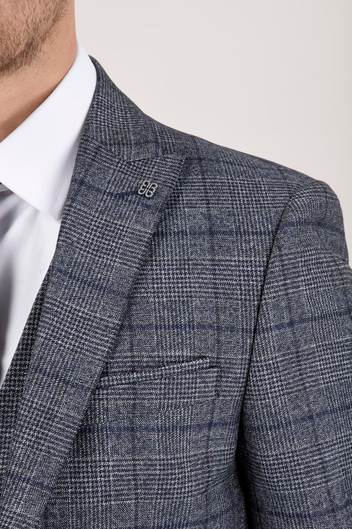 Erkek Slim Fit Sivri Yaka Lacivert Ekose Yelekli Kombin Takım Elbise