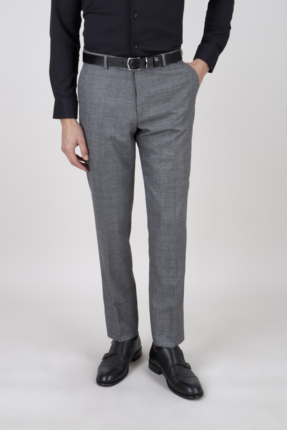 Erkek Slim Fit Sivri Yaka Açık Gri Ekose Yelekli Kombin Takım Elbise