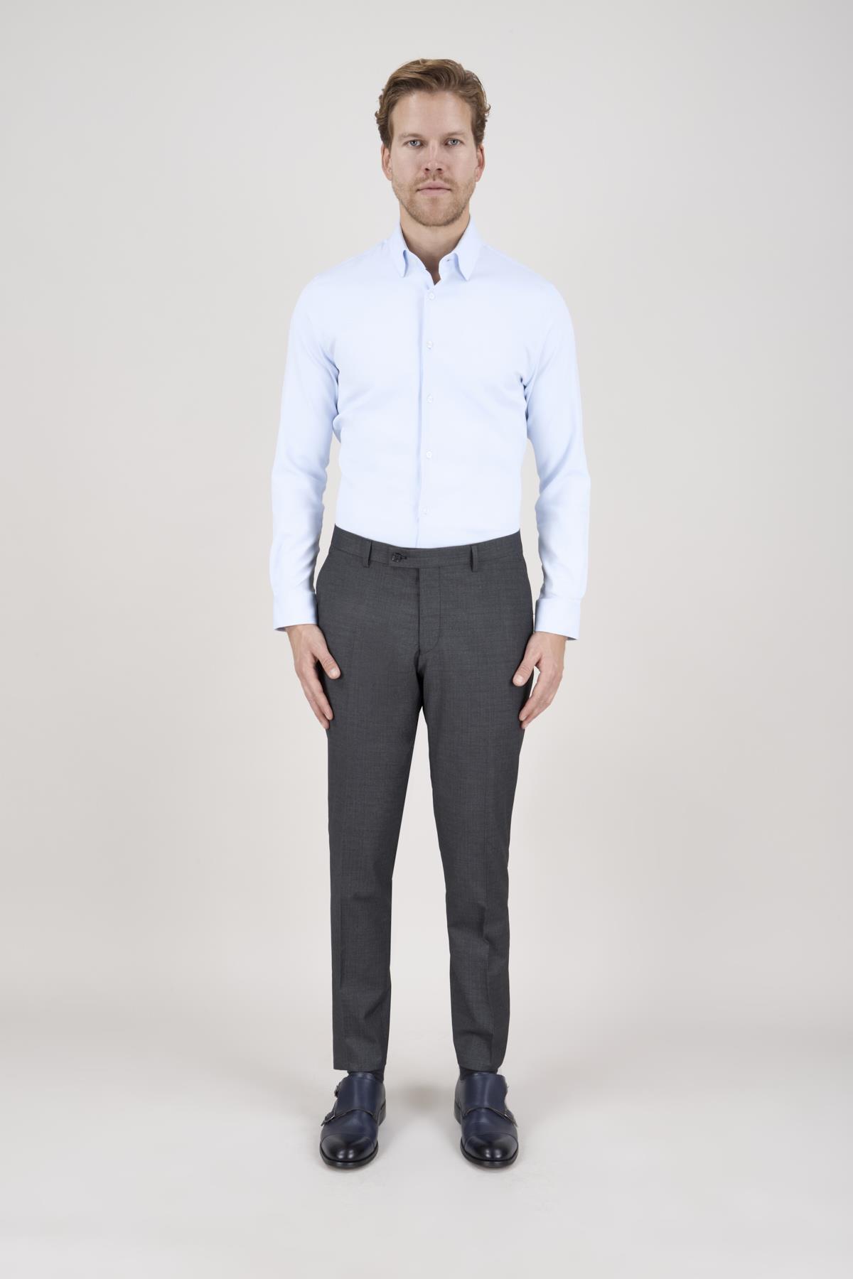 Erkek Slim Fit Sivri Yaka Gri Ekose Kombin Yelekli Takım Elbise