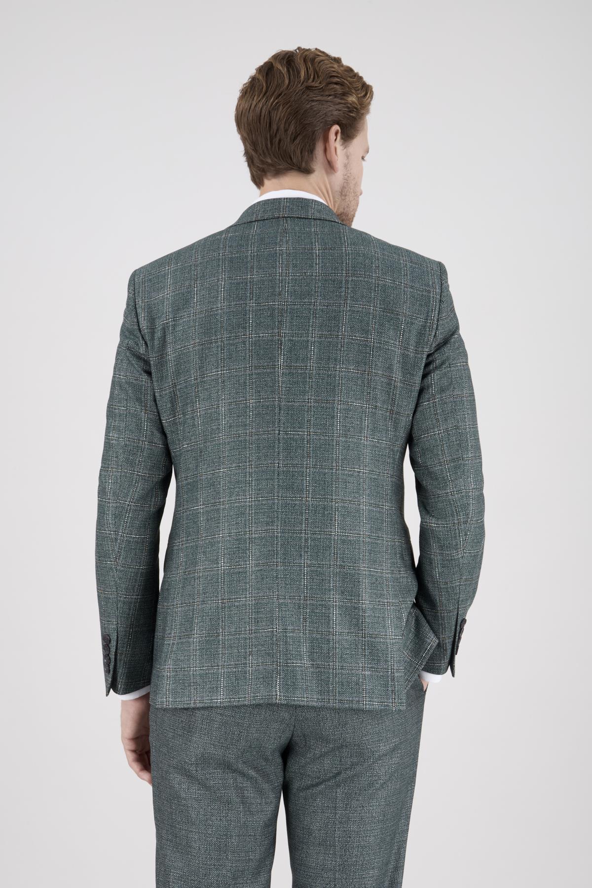 Erkek Slim Fit Sivri Yaka Yeşil Ekose Kombin Yelekli Takım Elbise