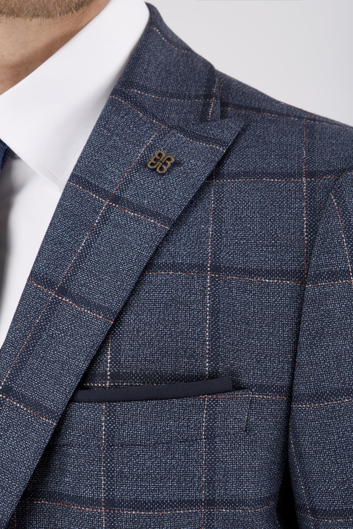Erkek Slim Fit Sivri Yaka Lacivert Ekose Yelekli Kombin Takım Elbise