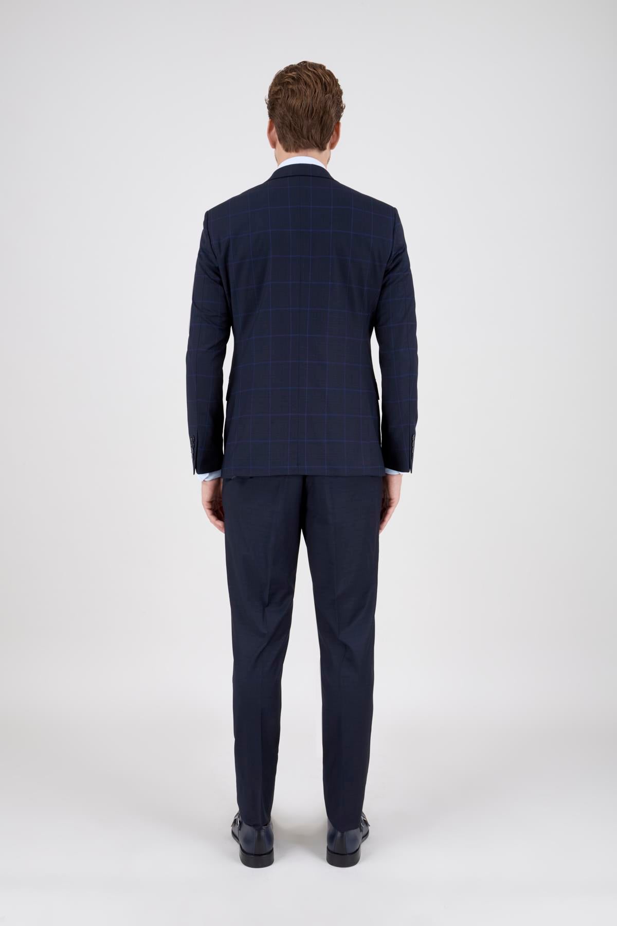 Erkek Slim Fit Sivri Yaka Lacivert Ekose Kombin Yelekli Takım Elbise