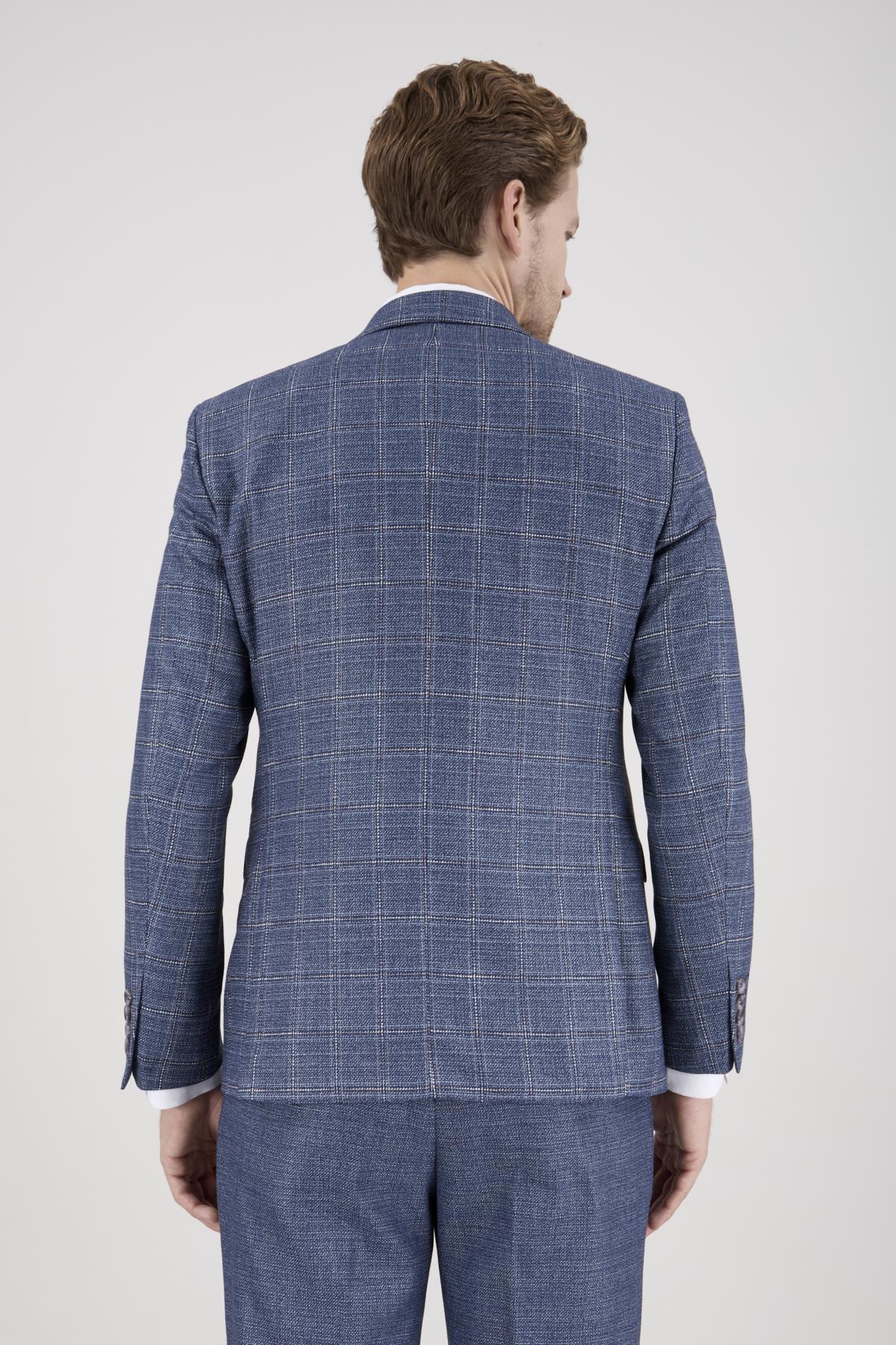 Erkek Slim Fit Sivri Yaka Açık Mavi Ekose Kombin Yelekli Takım Elbise